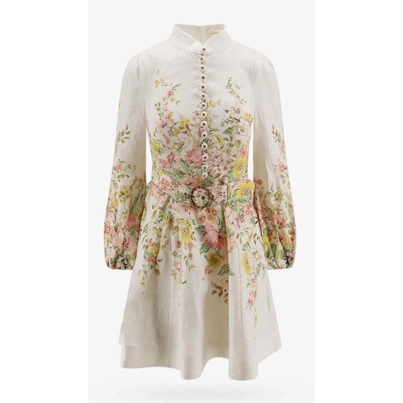 Zimmermann  Matchmaker Floral Linen Belted Mini Dress White Pink Yellow Size 8 - Picture 2 of 11